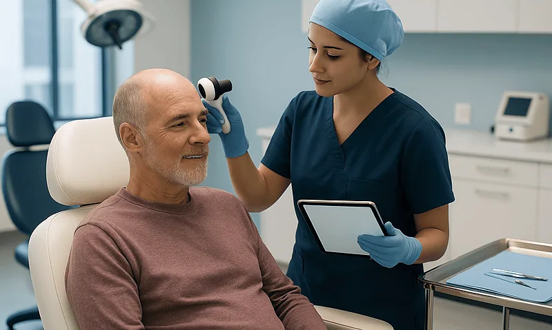 Dentist examining patient's hair with a handheld device in clinic.