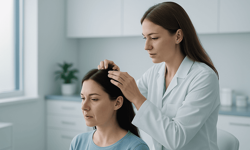 Doctor examining a woman's scalp in a medical clinic setting.