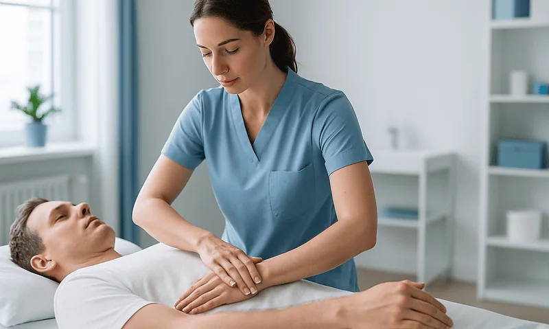 Nurse performing lymphatic drainage massage on patient in clinic.