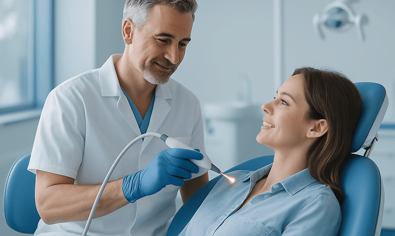 Dentist using laser for gum treatment on a smiling patient in a dental clinic.