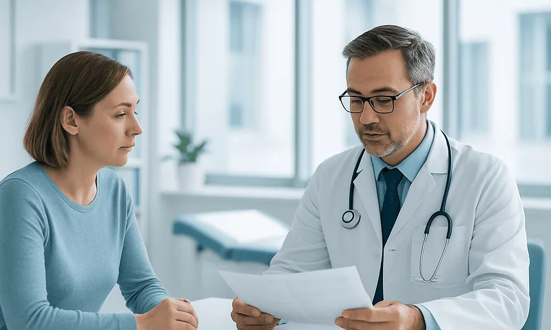 Doctor discussing test results with a patient in a medical office.