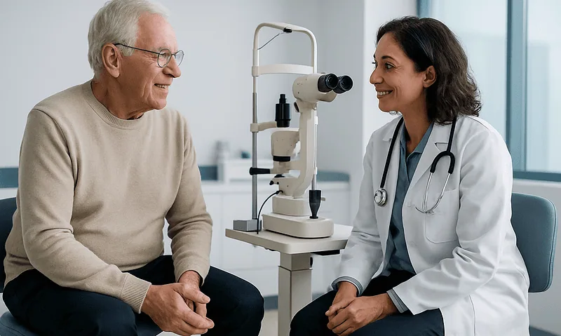 Ophthalmologist consulting with elderly patient in clinic setting.