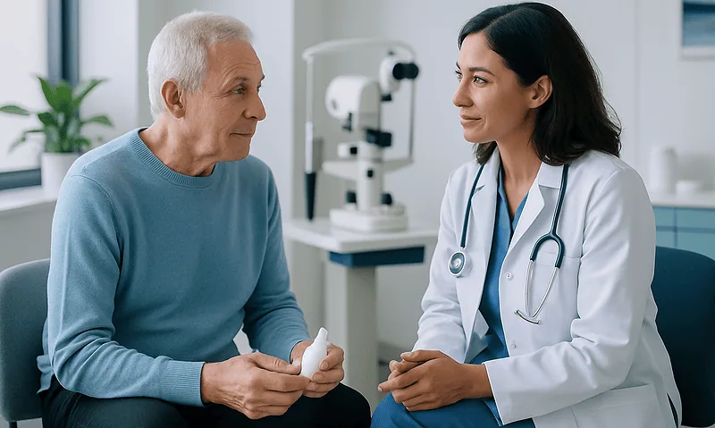 Ophthalmologist consulting with elderly patient in clinic.