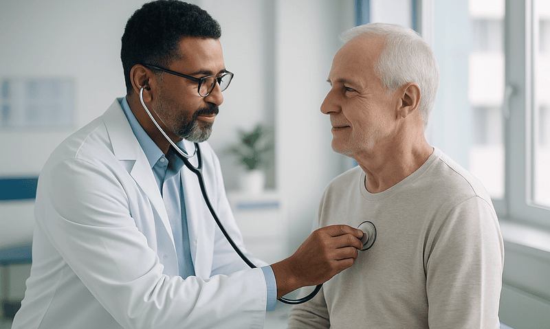 Cardiologist examining an elderly male patient with a stethoscope in a clinic.