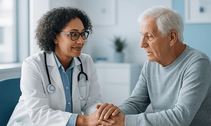 Doctor consulting with elderly patient about memory health in a clinical setting.