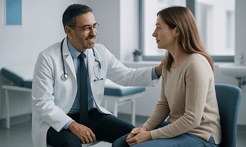 Doctor consulting with a young woman in a medical office at Acibadem Hospitals Group.