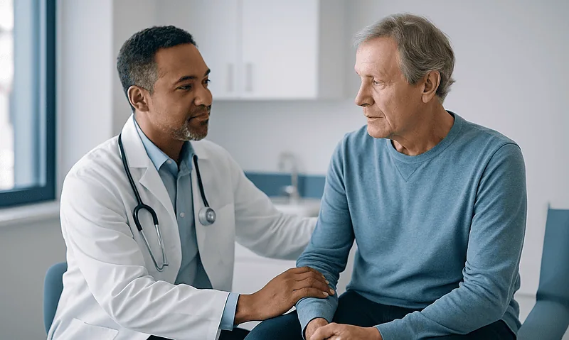 Doctor consulting with an elderly male patient in a medical office.