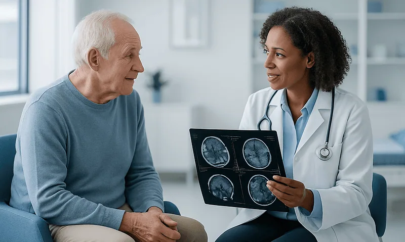 Doctor explaining brain scan results to elderly patient in clinic.