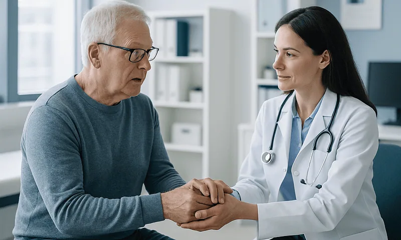 Doctor consulting with elderly patient about tremor symptoms in a clinic setting.