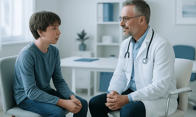 Doctor consulting with a young boy in a medical office.
