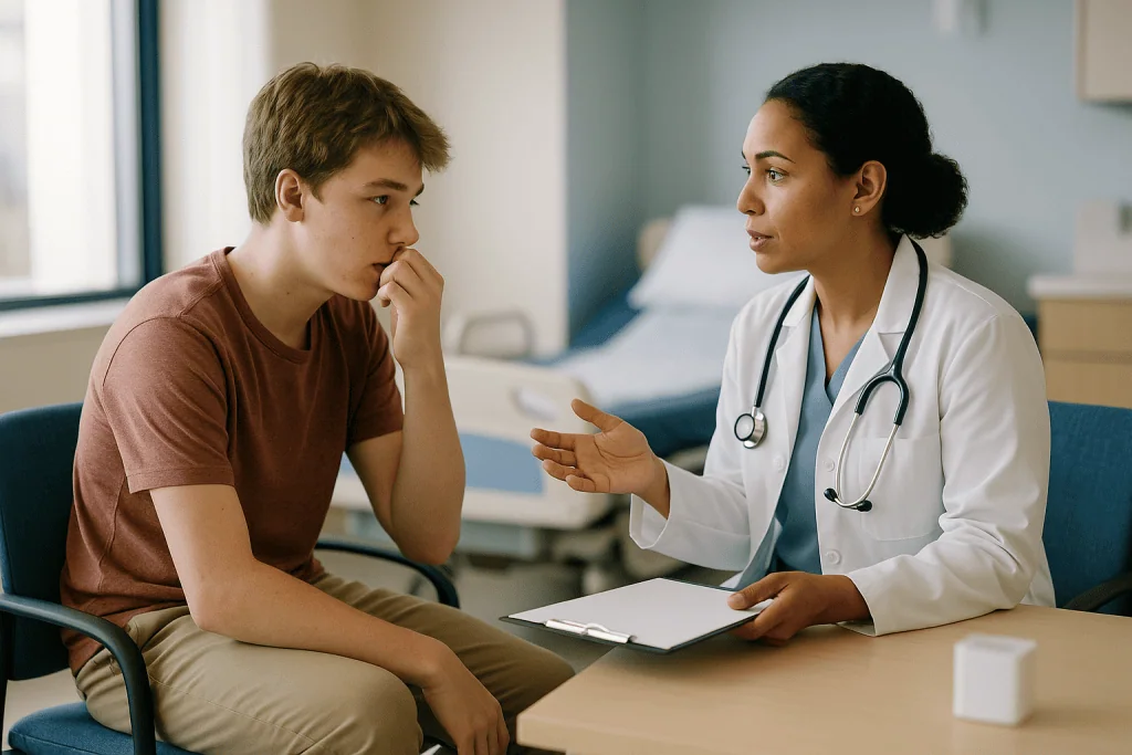 Young male patient consulting with female physician in clinic: When do tics need treatment: the three questions clinicians w