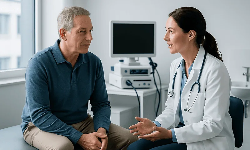 Doctor consulting with male patient in a medical office.