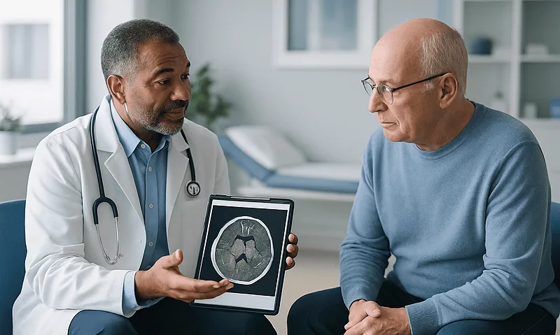 Doctor explaining brain scan to patient in a medical consultation room.