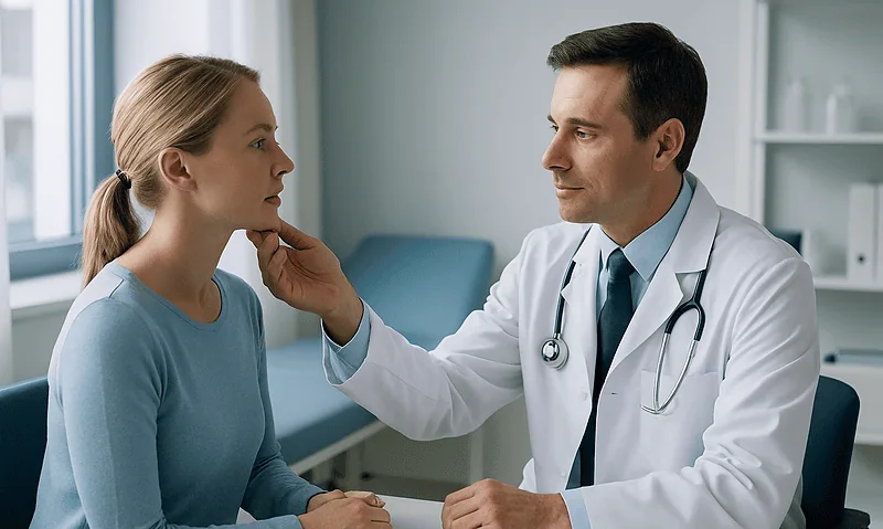 When Does a Chin Need Surgery Rather Than Filler? How Chin Aesthetic Decisions Are Made 2 Doctor examining a woman's chin in a consultation room at Acibadem Hospital.