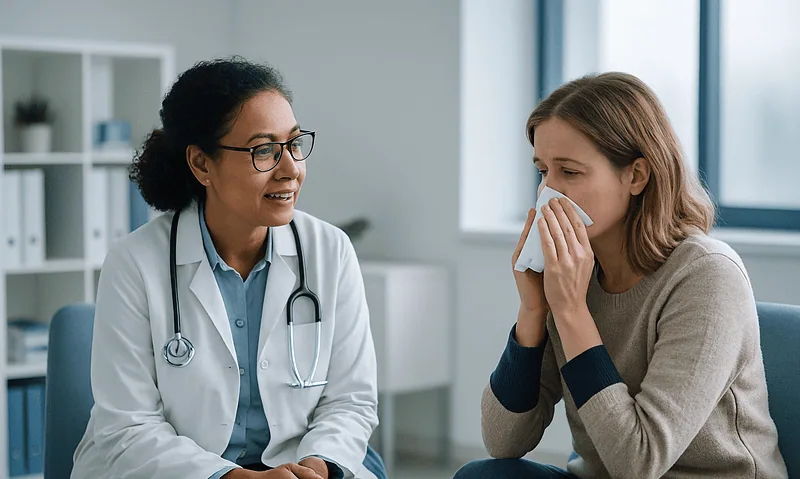 Doctor consulting with patient about cold symptoms in clinic.