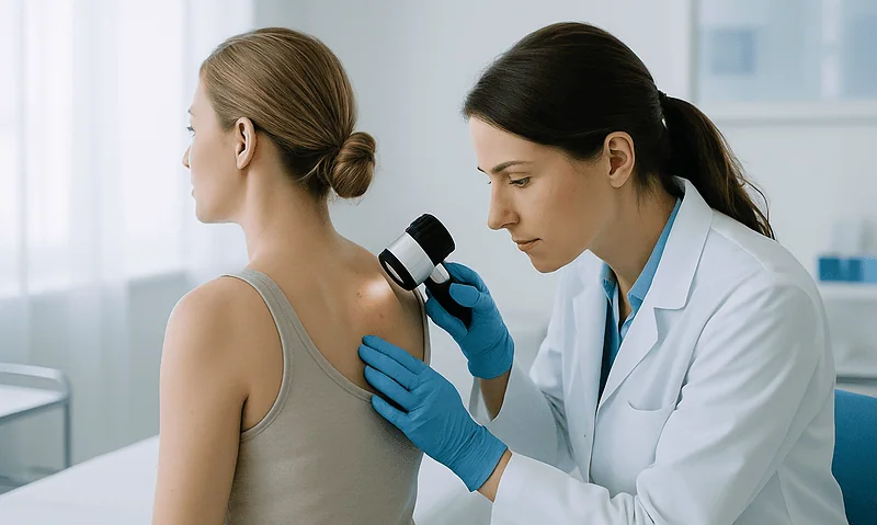 Dermatologist examining a patient's skin with a dermatoscope in a clinical setting.