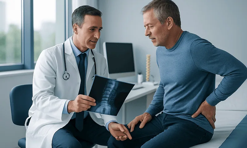 Doctor explaining spinal MRI results to a patient in a clinic setting.