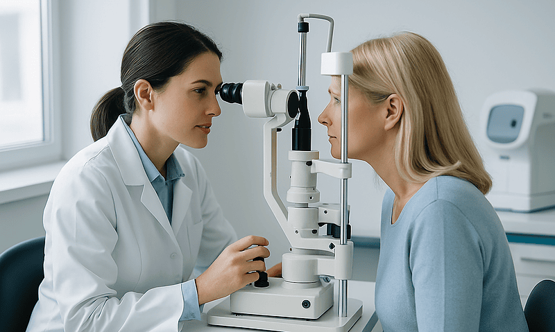 Ophthalmologist examining a patient's eyes with a slit lamp in a clinical setting.