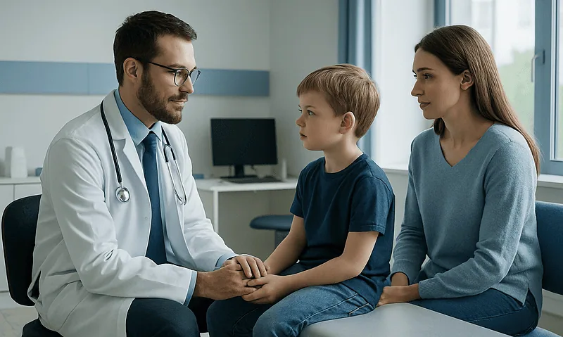 Pediatric consultation with doctor and mother discussing child's health.