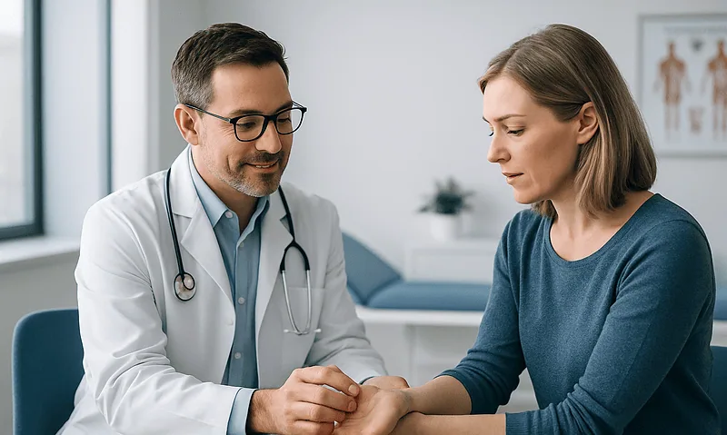 Doctor examining patient's wrist for ganglion cyst symptoms.