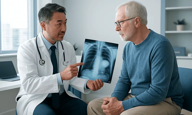 Doctor explaining lung X-ray to patient in a medical consultation.
