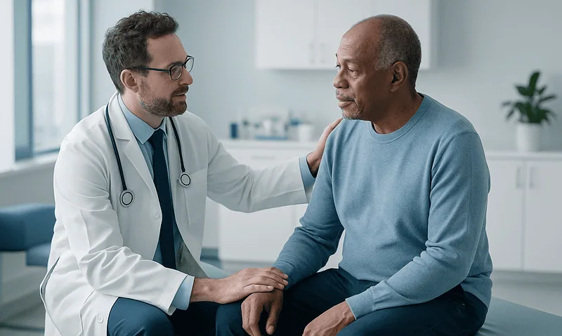 Doctor consulting with an elderly patient in a hospital room.