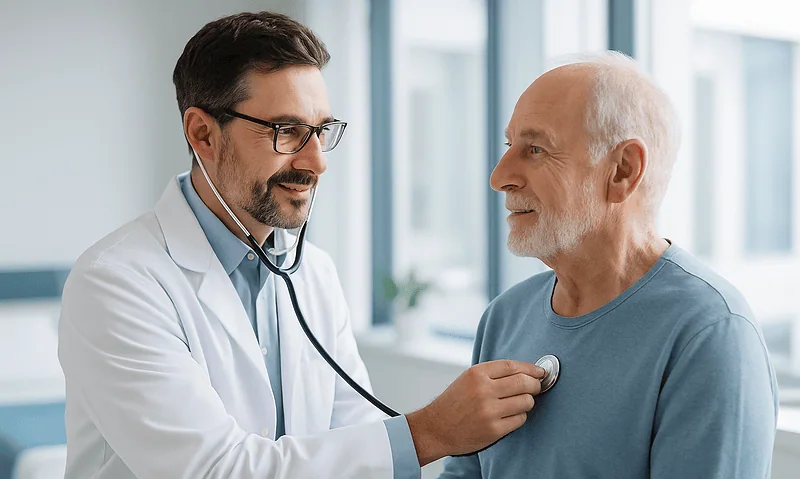 Doctor examining an elderly male patient with a stethoscope in a hospital.