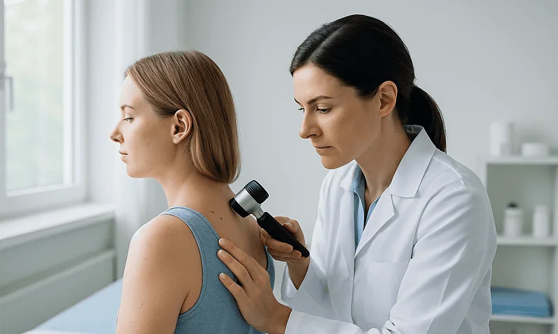 Doctor examining patient's neck and face for cosmetic assessment.