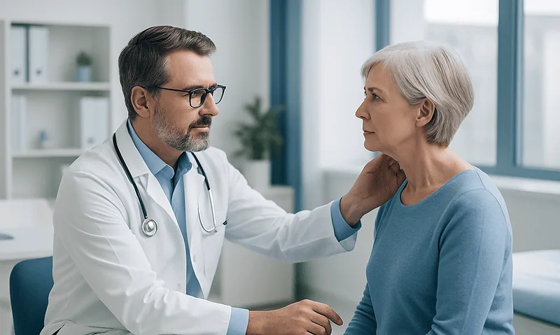 Doctor consulting with an elderly woman about parotid gland tumor treatment options.