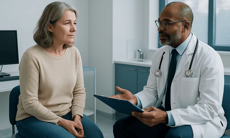 Doctor consulting with a female patient in a medical office.