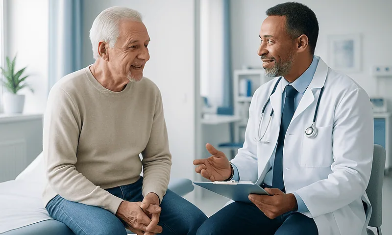 Doctor consulting with elderly patient in hospital room.