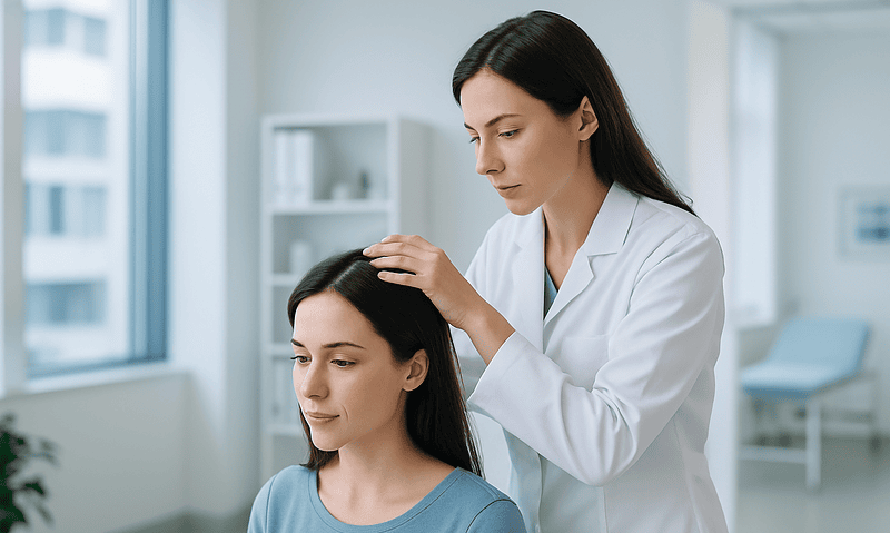 Doctor examining woman's scalp for hair transplant issues in clinic.