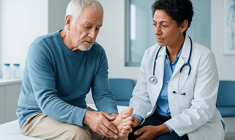 Doctor examining elderly man's hand in a medical consultation.