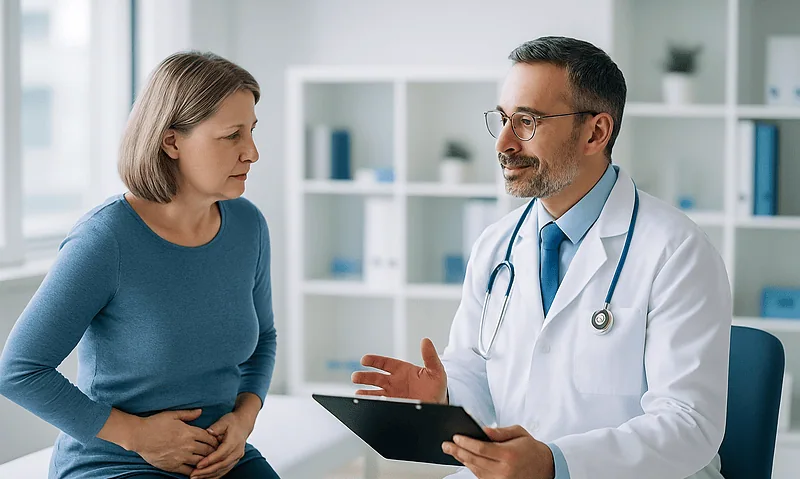 Doctor consulting with a female patient in a medical office.