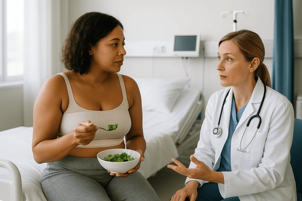 Doctor consulting patient about healthy eating with salad: When does fat transfer stop dying? What the evidence actually sho