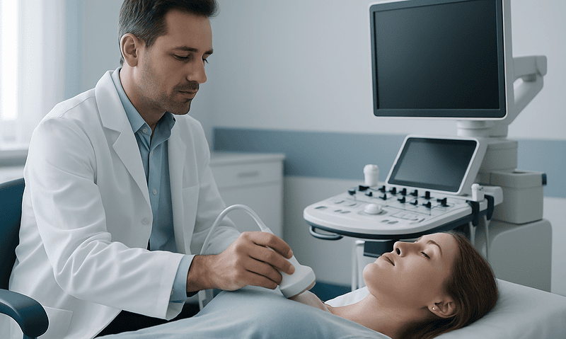 Doctor performing thyroid ultrasound on a patient in a clinical setting.