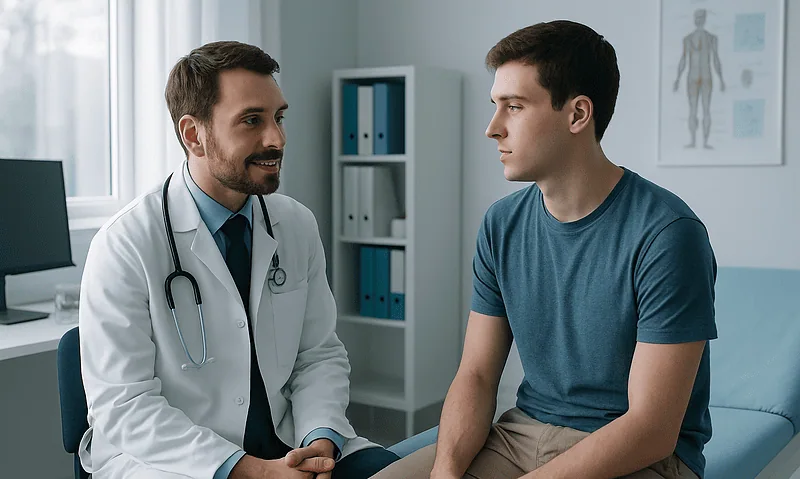 Doctor consulting with a young male patient in a medical office.