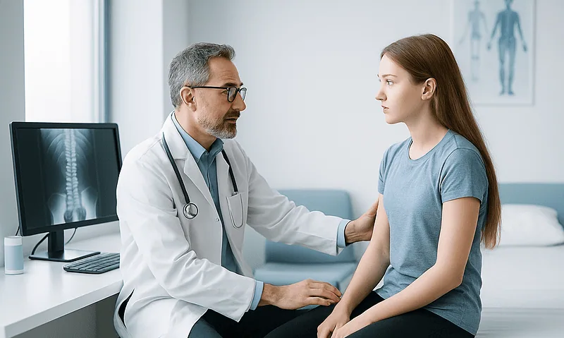 Pediatric doctor examining a teenage girl with scoliosis in a clinic.