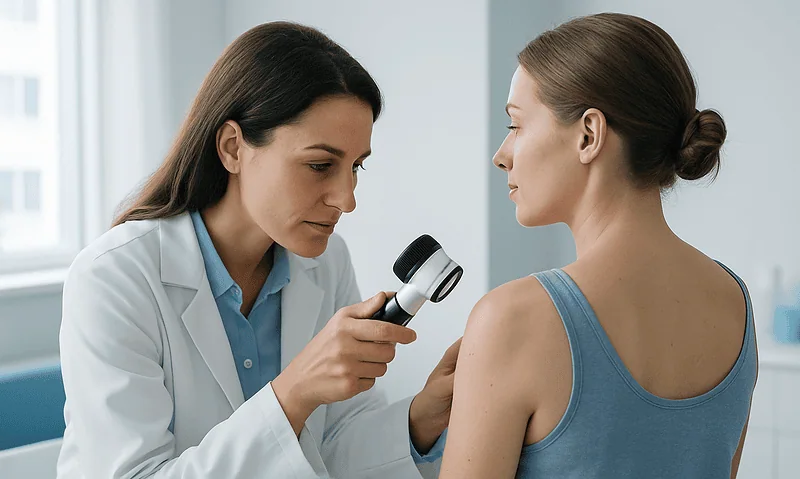 Doctor examining patient's skin with a dermatoscope in a clinical setting.