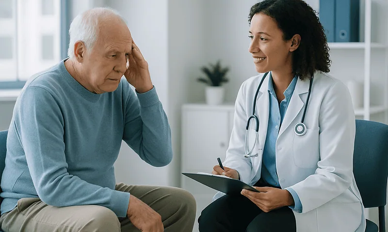 Doctor consulting elderly patient about memory concerns in a clinic setting.