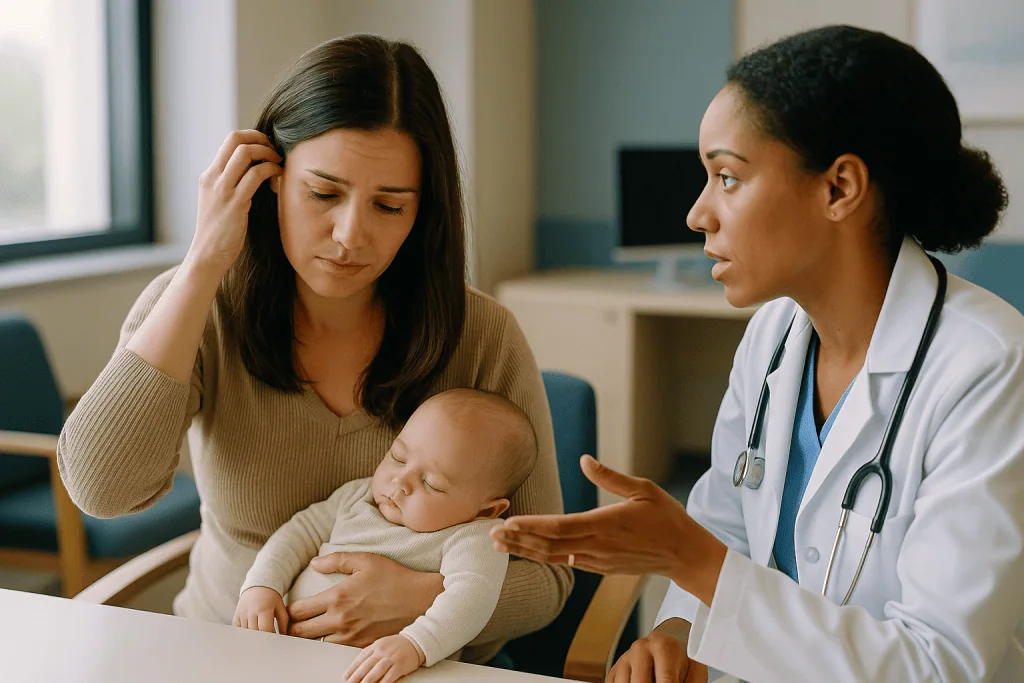 Doctor consulting mother with newborn baby in clinic — When does postpartum hair loss peak, and when does it stop?