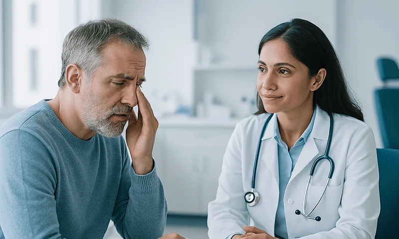 Doctor consulting with a middle-aged man experiencing sinus pain.