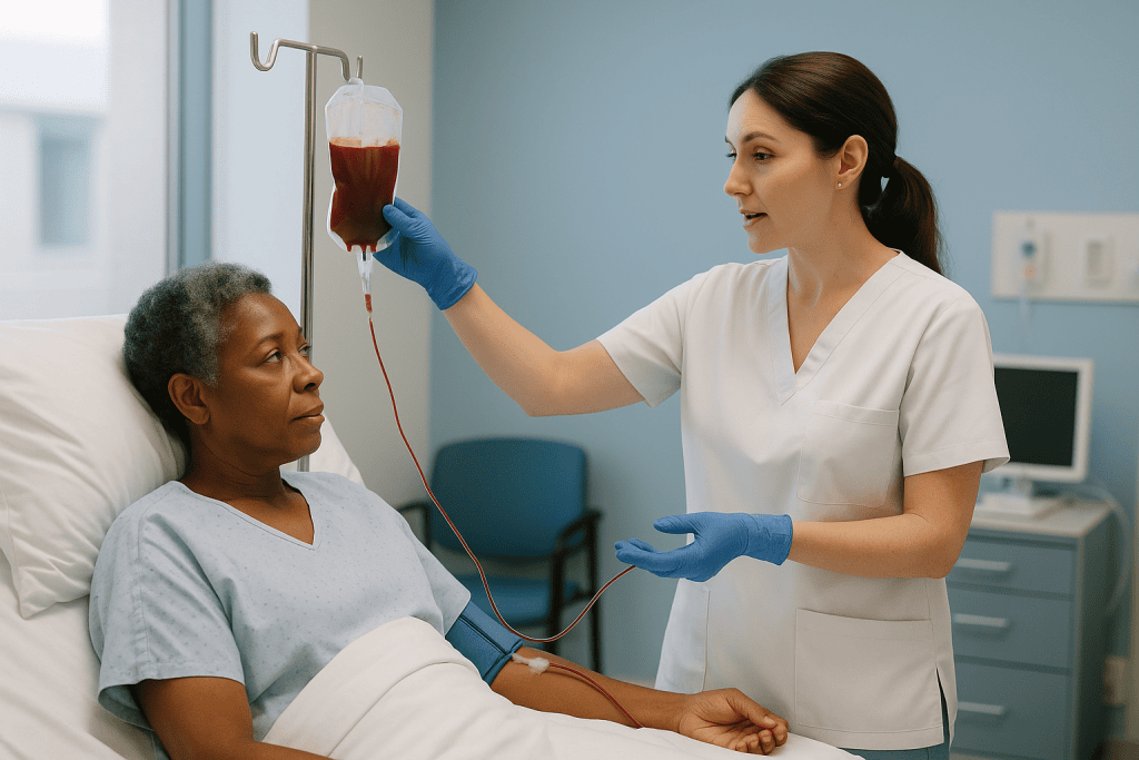 Nurse administering blood transfusion to adult patient: When does someone with HUS need a blood transfusion, and why are pla