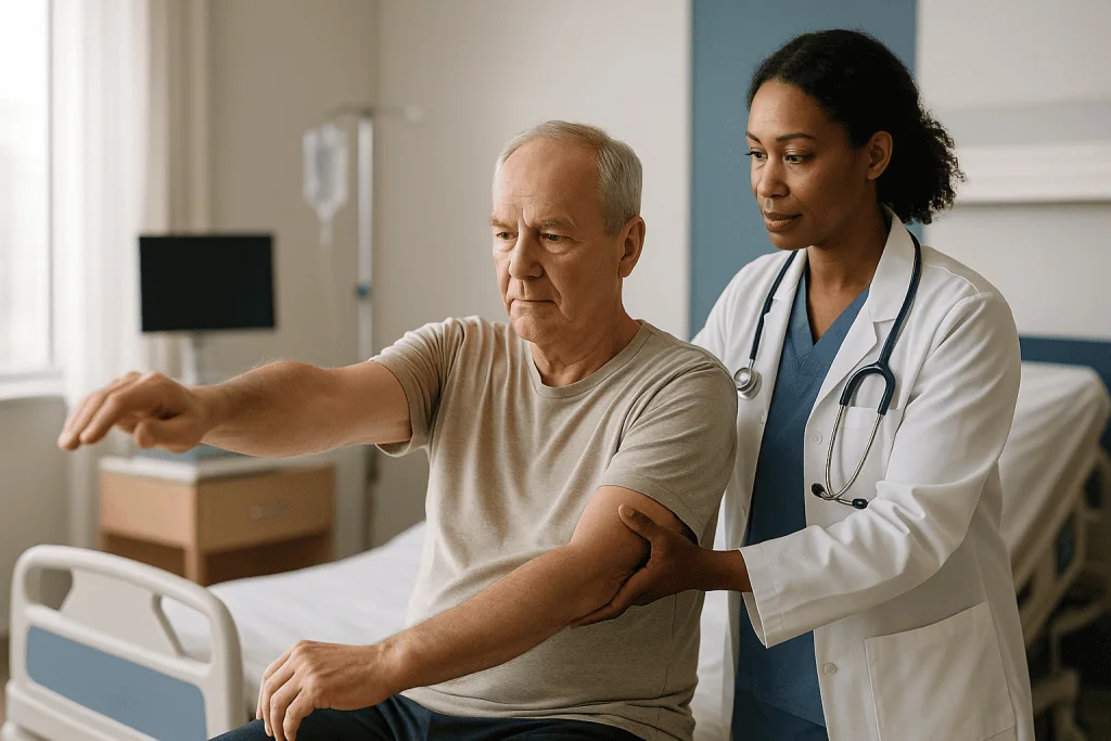 Doctor examining elderly patient's arm mobility in hospital: When does stroke rehabilitation start after a stroke?