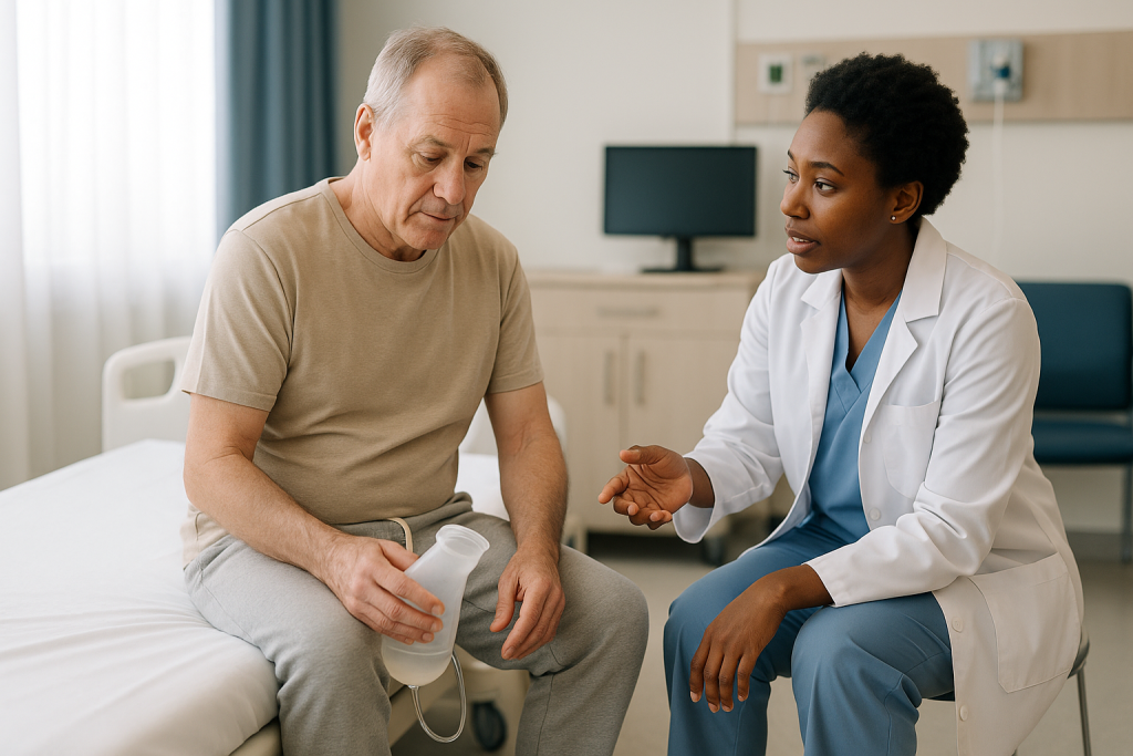 Doctor consulting with older male patient in clinical setting: When does the catheter come out, and what if you can't pee af