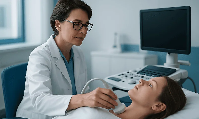 Endocrinologist examining a patient with ultrasound in a clinic.