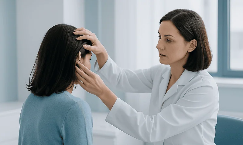 Doctor examining patient's scalp for hair transplant progress.