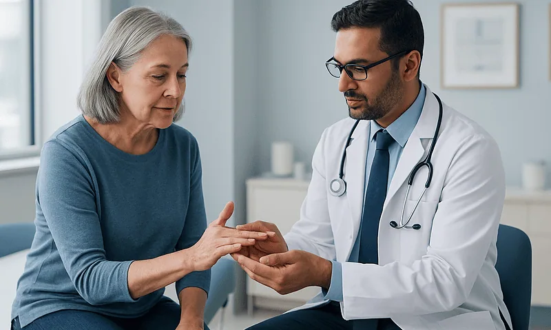 Doctor examining elderly woman's hand for trigger finger symptoms.