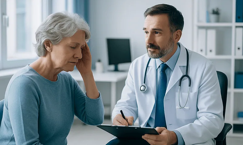 Doctor consulting with elderly woman about vertigo symptoms in clinic.