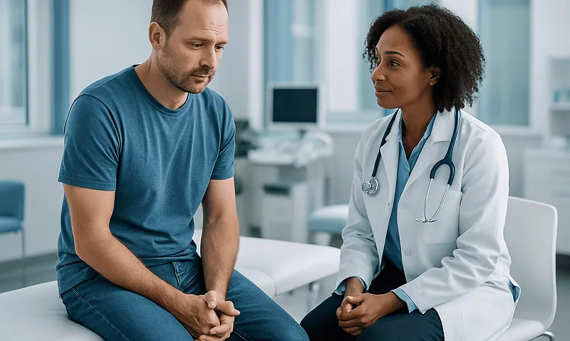 Doctor consulting male patient in a medical office setting.
